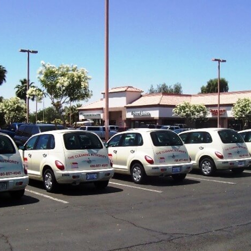 Five white cars in a parking area