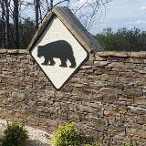 Bear signage on the brick fence