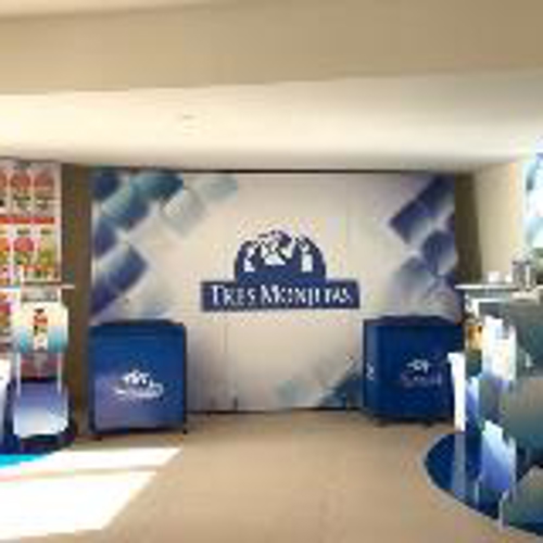 blue banner with graphics inside the building