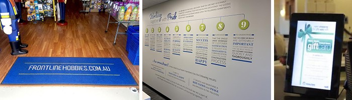 Examples of a floor mat, wall graphics, and digital signage