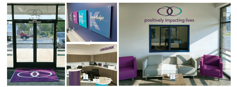 LinkBank's modern facilities are shown, with an entrance, teller counter, and lobby.