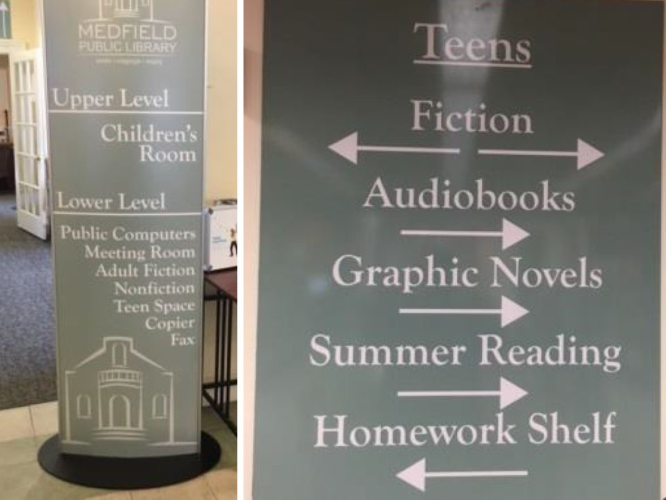 Interior directional signage for Medfield Public Library