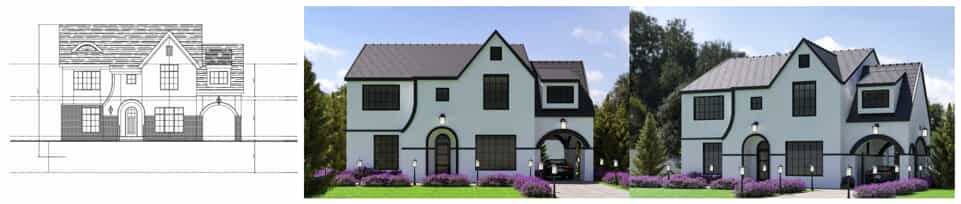 a 2D draft of a home next to 3D renderings