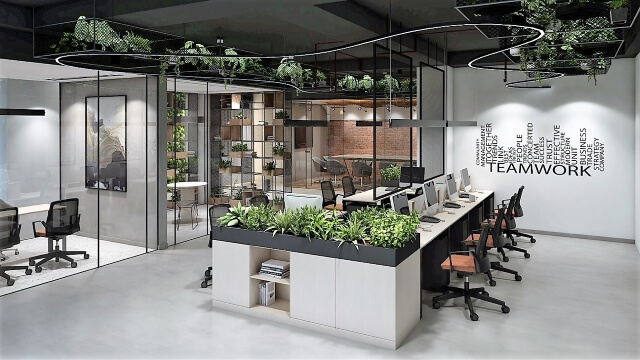 an office space uses a wall decal to share values