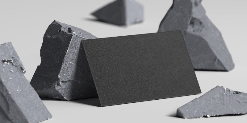 a blank black business card set next to rocks
