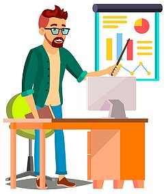 a cartoon image of a man standing at a desk and pointing to a chart of graphs