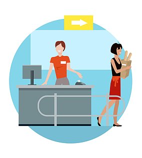 a cartoon image of a woman leaving a grocery store checkout line