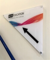 Directional signage on the stair wall