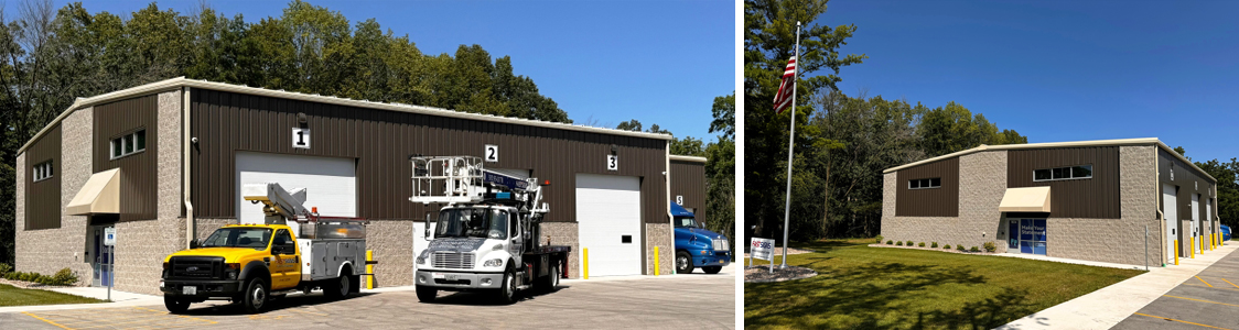 Service trucks in front of business building