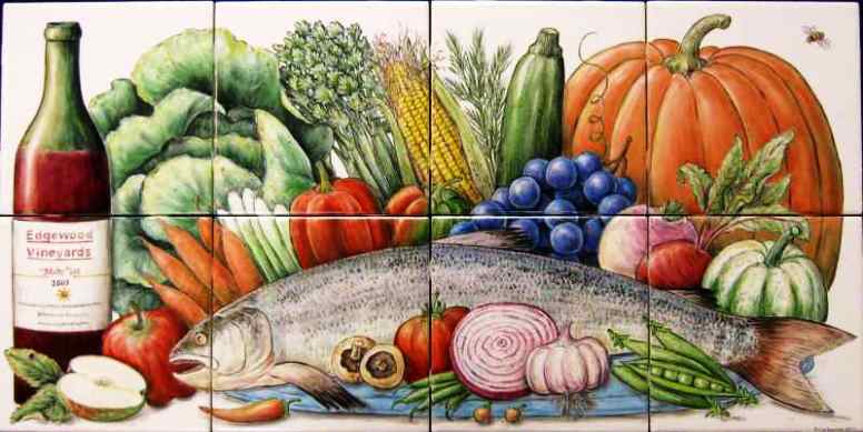 kitchen tiles are decorated to show food