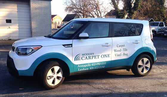 a car has carpet one graphics on it