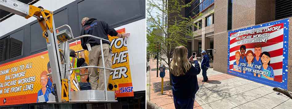 Fastsigns workers installing mural and lady taking picture of a mural